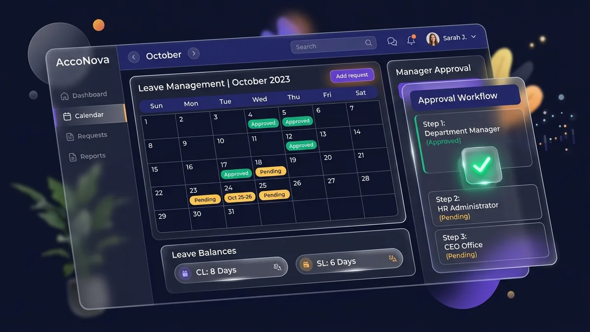 AccoNova Leave and Holiday Management Calendar with leave balance tracking and manager approval workflow