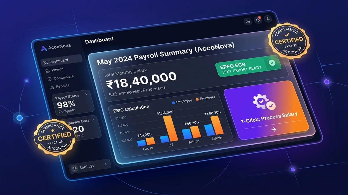 AccoNova 1-Click Automated Payroll Dashboard with EPF, ESI, TDS, and PT Calculations