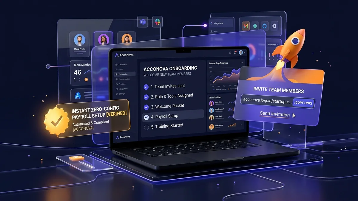 AccoNova Startup HR Software Dashboard for rapid employee onboarding and zero-config payroll in India