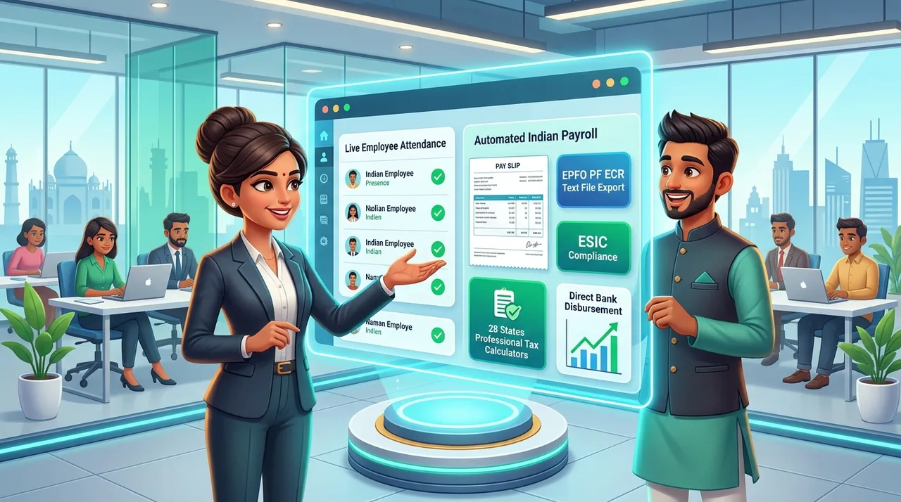 AccoNova Indian HRMS and Payroll Platform showing live attendance tracking, automated salary slips, EPFO ECR text export, and statutory compliance