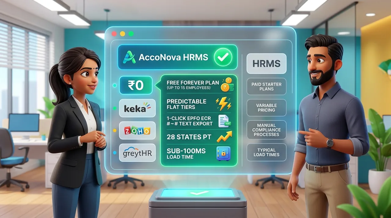AccoNova vs Keka vs Zoho vs greytHR HRMS comparison matrix showing transparent pricing and modern feature suite