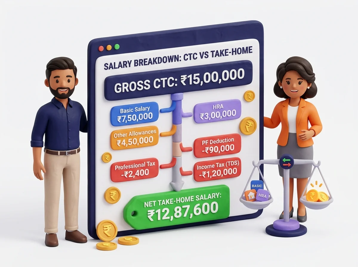 AccoNova CTC vs In-Hand Take-Home Salary Calculator - 3D illustration showing salary breakdown into basic pay, allowances, EPF, and take-home pay