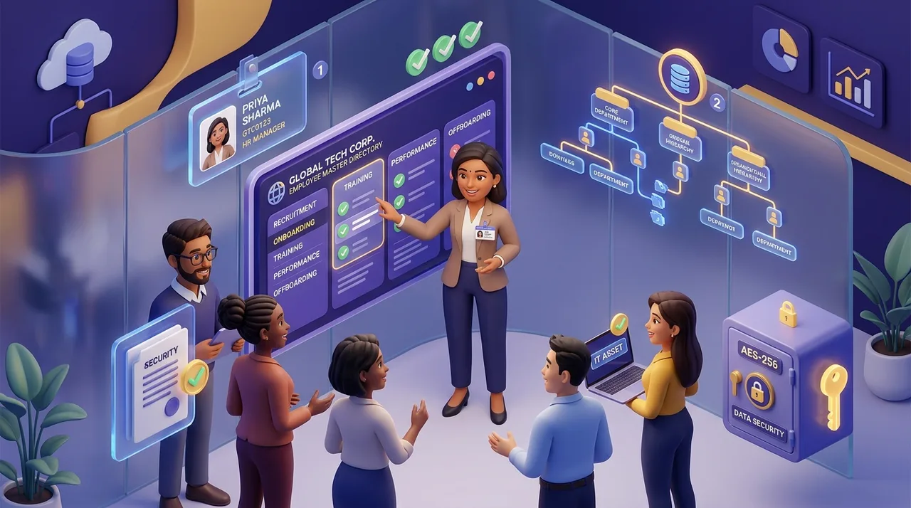 AccoNova Employee Management Software - Digital Master Directory, Paperless Onboarding & Encrypted Document Vault 3D Illustration