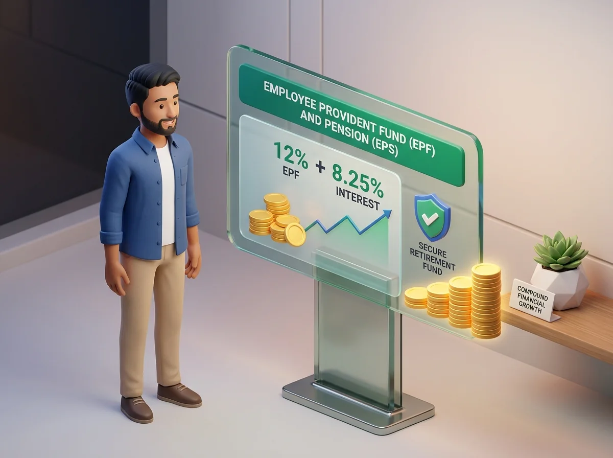 AccoNova EPF & Pension Calculator - 3D cartoon illustration showing 12% provident fund split, 8.25% interest rate, and retirement savings growth