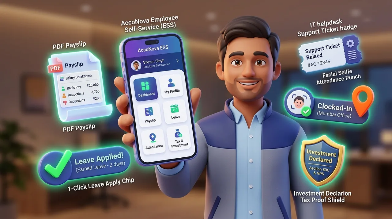 AccoNova Employee Self-Service Mobile App - Digital Payslips, GPS Punch, Leaves & Tax Declarations 3D Illustration