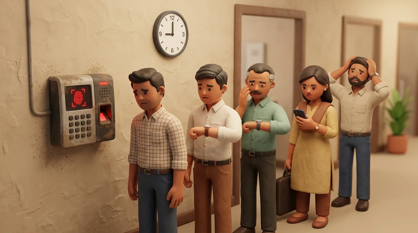 Employees frustrated in a long queue facing a faulty biometric fingerprint machine