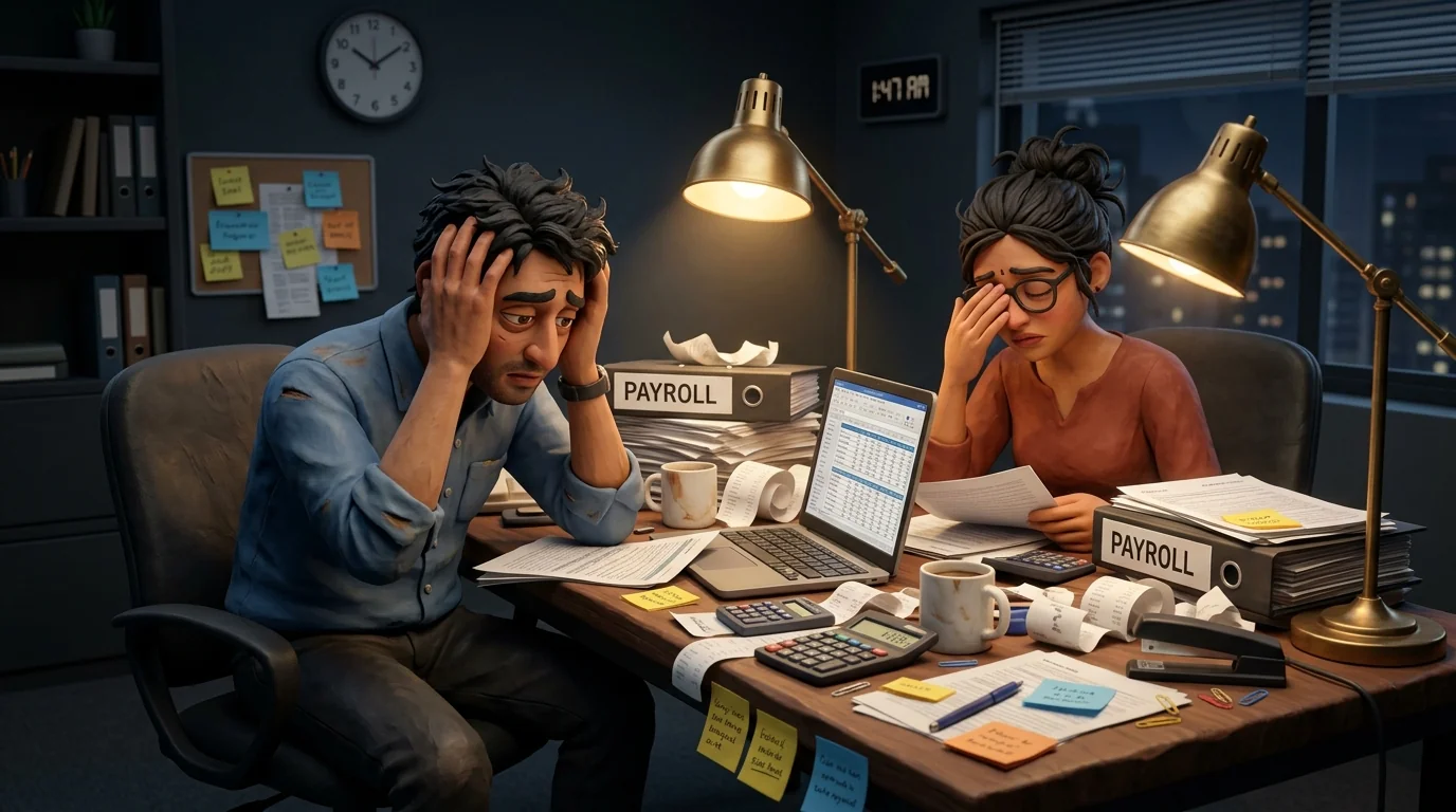Exhausted founder and HR manager working late at night buried in paper salary registers and complex spreadsheets